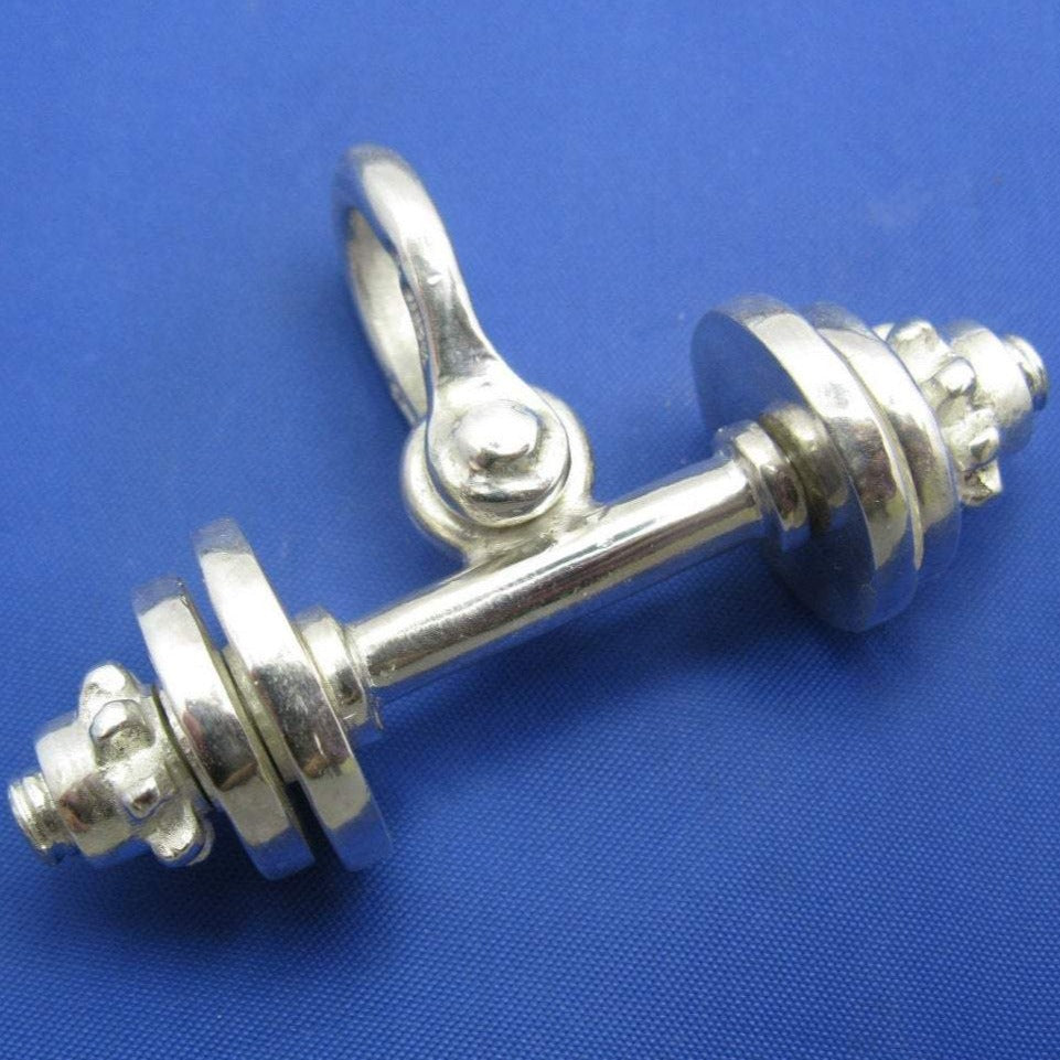 Large Heavy Sterling Silver Strong Man Barbell Weight Lifter Pendant