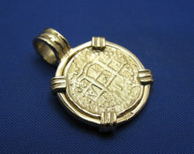 Load image into Gallery viewer, Small &quot;1 Reale&quot; Quality Reproduction of 14k Solid Gold Atocha Shipwreck Coin inside 14k Yellow Gold  Bezel with Barrel Bail Nautical Pendant

