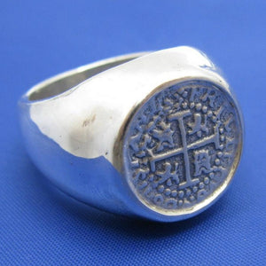 Wide High Polish Bezel Set Sterling Silver Men's Atocha Replica Shipwreck Coin Ring