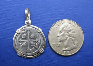 Nautical Sterling Silver Reproduction Pendant of a "1 Reale" Spanish Shipwreck Treasure Coin in Custom Sterling Silver Bezel 1.24" x 0.9"