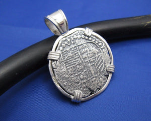 Sterling Silver Hand Bezeled "4 Reale" Pirate Reproduction Coin Pendant with Stationary Bail 1.5" x 1.1"