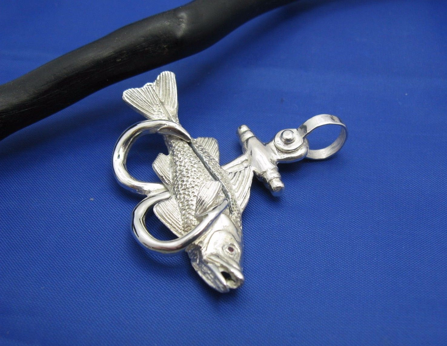Sterling Silver Large Nautical Anchor Shaped Double Fish Hook with Snook Pendant