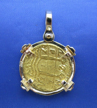 Load image into Gallery viewer, Solid 24k Gold Escudo Reproduction in Custom 14k Genuine Emerald Set Bezel Ladies High End Nautical Shipwreck Pendant
