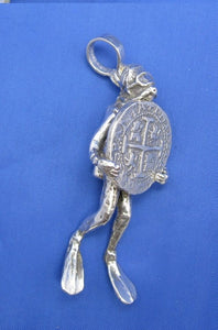 Very Large Unique 3-D Sterling Silver Mens Diver Pendant Holding Shipwreck Coin Attention Grabber 2.5 x 1 inches Nautical Handcrafted Design