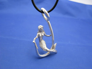 Sterling Silver Mermaid Sitting and Holding Fishermen's Fish Hook
