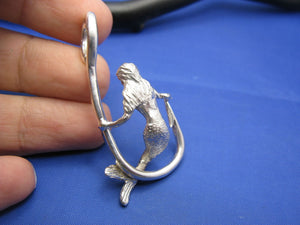 Sterling Silver Mermaid Sitting and Holding Fishermen's Fish Hook