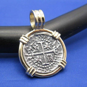 Small "1 Reale" Quality Reproduction of Atocha Shipwreck Coin in 14k Yellow Gold  Bezel with Barrel Bail Handmade by Crisol Jewelry