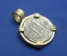 Load image into Gallery viewer, Small &quot;1 Reale&quot; Quality Reproduction of Atocha Shipwreck Coin in 14k Yellow Gold  Bezel with Barrel Bail Handmade by Crisol Jewelry
