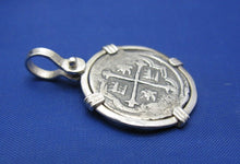 Load image into Gallery viewer, Nautical Sterling Silver Reproduction Pendant of a &quot;1 Reale&quot; Spanish Shipwreck Treasure Coin in Custom Sterling Silver Bezel 1.24&quot; x 0.9&quot;
