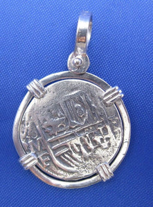 Nautical Sterling Silver Reproduction Pendant of a "1 Reale" Spanish Shipwreck Treasure Coin in Custom Sterling Silver Bezel 1.24" x 0.9"