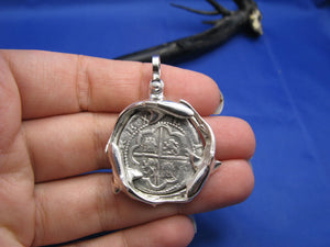 Sterling Silver Custom Shark Wrapped Bezel with Reproduction "2 Reale" Shipwreck Coin