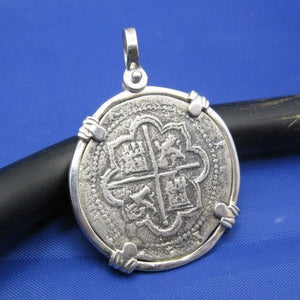 Shipwreck "4 Reale" Treasure Coin Reproduction Pendant in Sterling Silver 1.6" x 1.1"