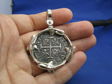 Load image into Gallery viewer, Large Sterling Silver Custom Swarming Sharks Bezel with Reproduction &quot;4 Reale&quot; Shipwreck Coin by Crisol Jewelry (Nautical Pendant)
