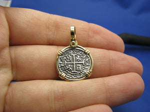 Small 1 Reale Atocha Shipwreck Pirate Coin Treasure Cobb Reproduction inside 14k Solid Gold Bezel Pendant