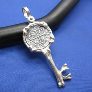 New Custom Handcrafted Sterling Silver Skeleton Bone Key Pendant with Pirate Shipwreck Coin