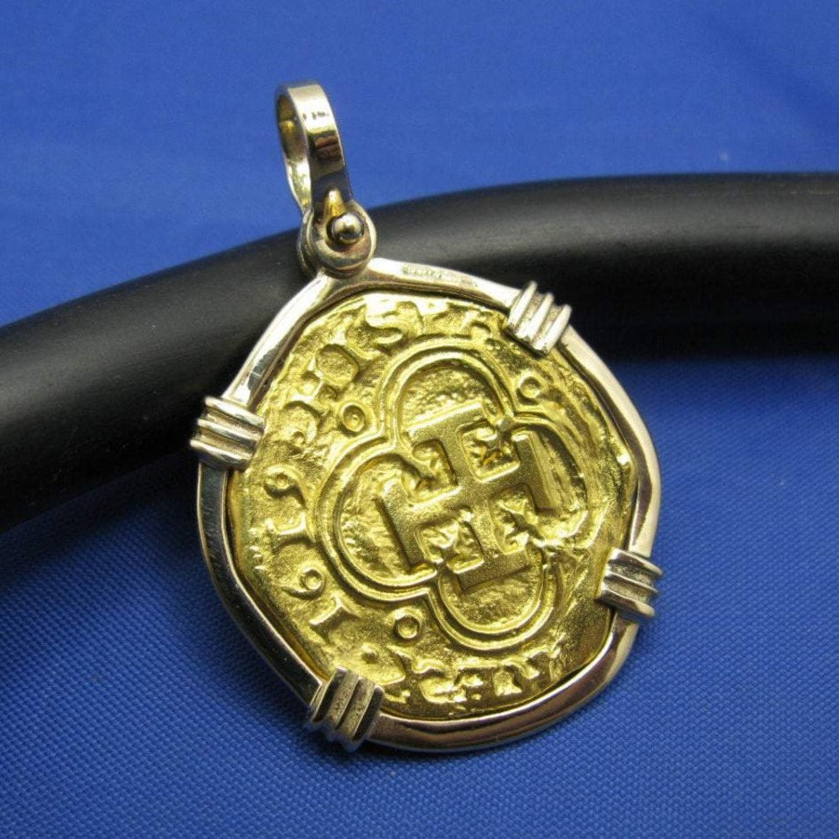 Pure 24k '2 Escudo' Replica Atocha Coin in 14k Bezel with Shackle Bail (Rare Visible Dated Markings)