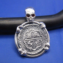 Load image into Gallery viewer, Sterling Silver Pirate Coin Pendant with Reproduction &quot;1 Reale&quot; Treasure Cob with Red Crysta Skull Bail and Bone Prongs

