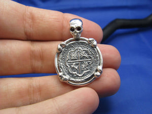 Sterling Silver Pirate Coin Pendant with Reproduction "1 Reale" Treasure Cob with Red Crysta Skull Bail and Bone Prongs