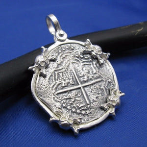 Sterling Silver Skull Crossbones Pirate Pendant with Reproduction "2 Reale" Treasure Coin
