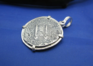 Sterling Silver Pirate Doubloon "2 Reale" Shipwreck Coin Pendant Replica with Shackle Bail 1.5" x 1"