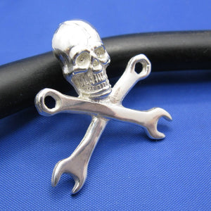 Sterling Silver .925 Pirate Skull and Wrench Pendant with Hidden Bail Mechanic's Necklace 1.1" x 1.1" (Comes with Free Leather Cord)