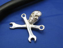 Load image into Gallery viewer, Sterling Silver .925 Pirate Skull and Wrench Pendant with Hidden Bail Mechanic&#39;s Necklace 1.1&quot; x 1.1&quot; (Comes with Free Leather Cord)

