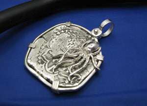 Extra Large Sterling Silver Replica Piece of Eight Doubloon Pendant with Octopus