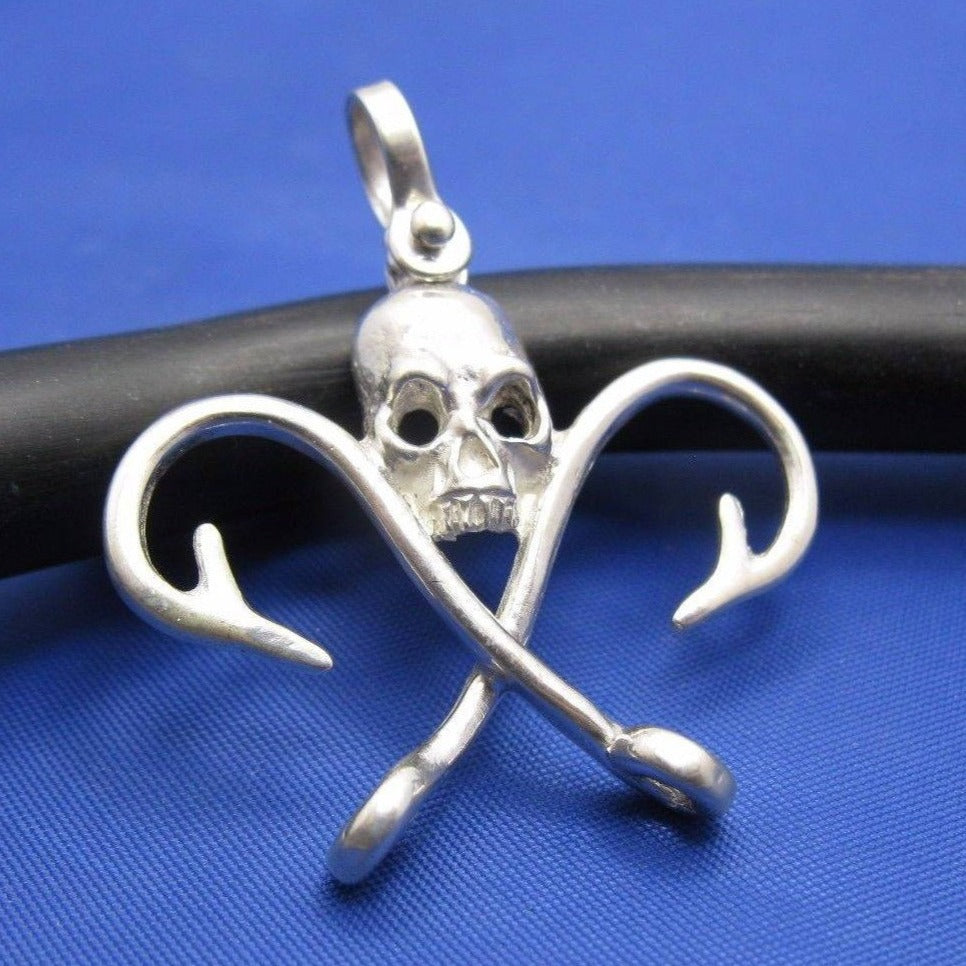 Sterling Silver .925 Nautical Pirate Skull Pendant with Crossed Fish Hooks