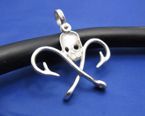 Sterling Silver .925 Nautical Pirate Skull Pendant with Crossed Fish Hooks