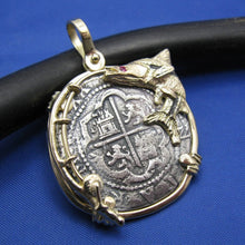 Load image into Gallery viewer, Shipwreck Coin Replica Pendant Inside Custom 14k Nautical Snook Bezel with Fishing Rod
