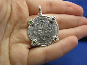 Sterling Silver Round "4 Reale" Reproduction Spanish Atocha Shipwreck Pirate Coin Pendant with Green Stone Emerald Bezel