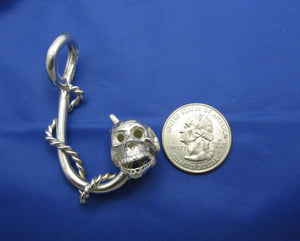 Sterling Silver Extra Large Nautical Rope Wrapped Fish Hook Pendant with Skull