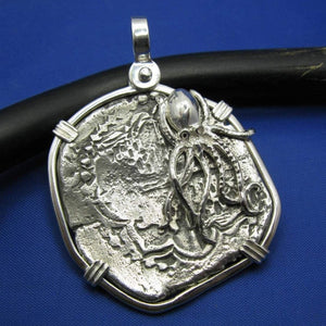 Extra Large Sterling Silver Replica Piece of Eight Doubloon Pendant with Octopus