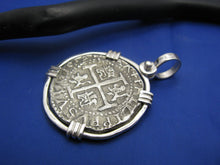 Load image into Gallery viewer, Large Sterling Silver Replica Pirate Coin Piece of Eight &quot;4 Reale&quot; Doubloon Pendant 1.75&quot; x 1.25&quot;
