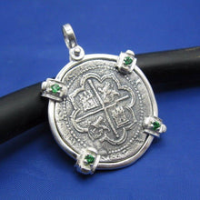 Load image into Gallery viewer, Sterling Silver Round &quot;4 Reale&quot; Reproduction Spanish Atocha Shipwreck Pirate Coin Pendant with Green Stone Emerald Bezel
