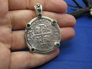 Nautical Sterling Silver Embellished Shipwreck "4 Reale" Pirate Treasure Coin Replica Pendant Necklace w/t Green Emerald Synthetic Gemstones