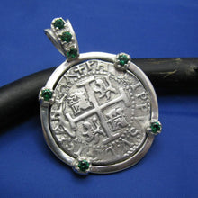 Load image into Gallery viewer, Nautical Sterling Silver Embellished Shipwreck &quot;4 Reale&quot; Pirate Treasure Coin Replica Pendant Necklace w/t Green Emerald Synthetic Gemstones
