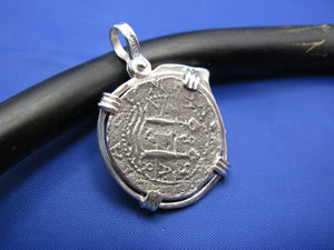 Sterling Silver Custom Nautical Dolphin Bezel with Reproduction "2 Reale" Pirate Shipwreck Coin