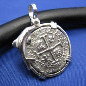Sterling Silver Custom Nautical Dolphin Bezel with Reproduction "2 Reale" Pirate Shipwreck Coin