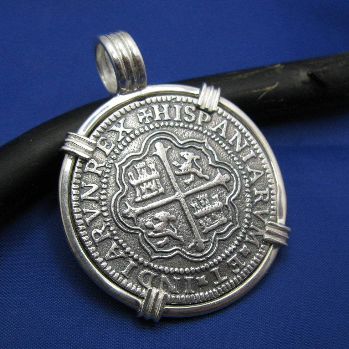 Extra Large Sterling Silver Piece of Eight Pendant with Barrel Bail x