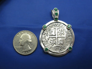 Nautical Sterling Silver Embellished Shipwreck "4 Reale" Pirate Treasure Coin Replica Pendant Necklace w/t Green Emerald Synthetic Gemstones