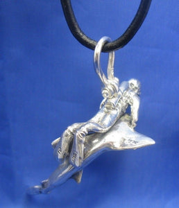 Huge Sterling Silver Men's Shark and Diver Pendant with Sapphire Eyes