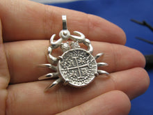 Load image into Gallery viewer, Sterling Silver Pirate Coin Replica Inside Custom Crab Bezel with Gemstone Eyes and Shackle Bail
