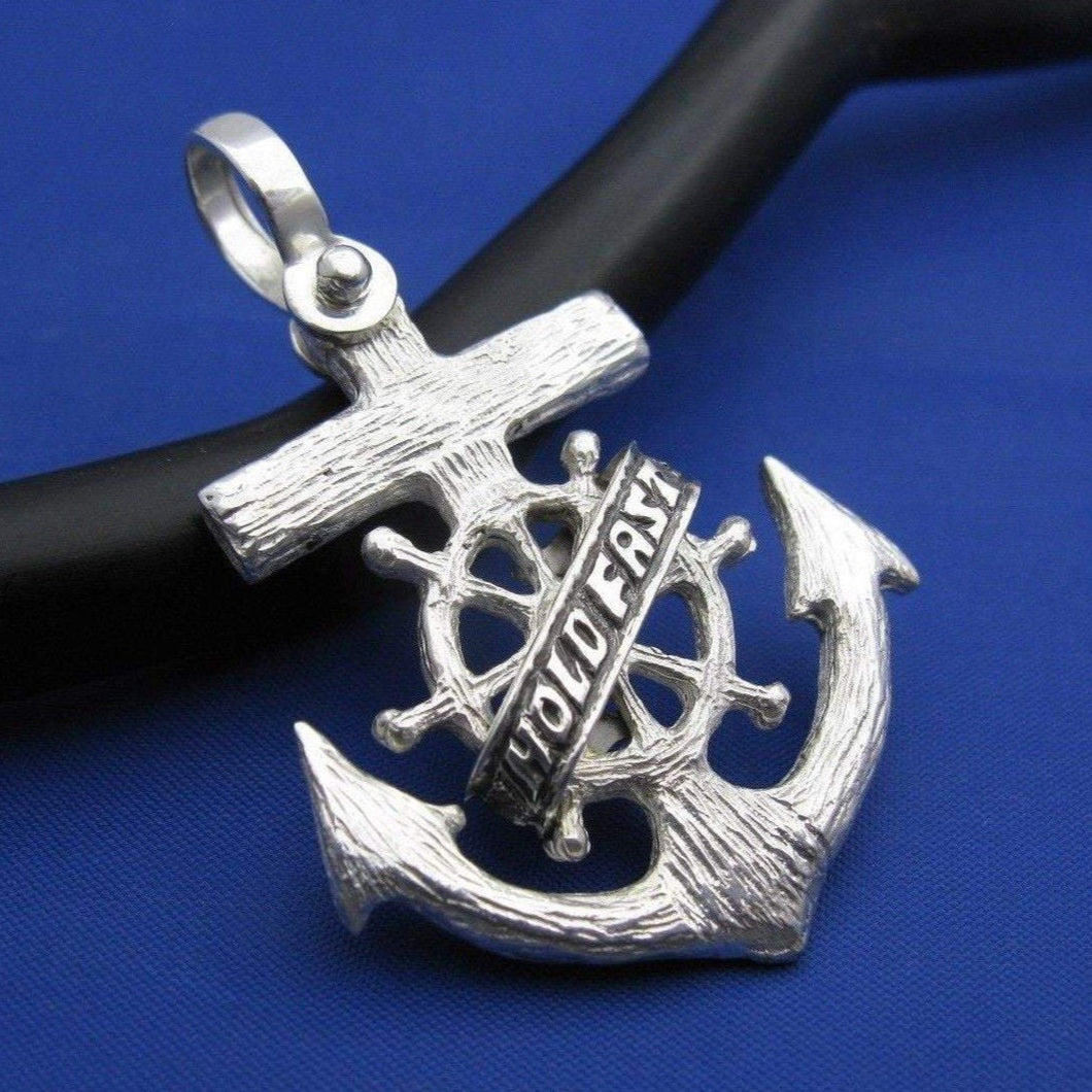 Sterling Silver Nautical Wood Ship Wheel Anchor with Word Banner Hold Fast Necklace