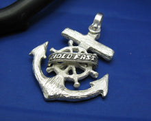 Load image into Gallery viewer, Sterling Silver Nautical Wood Ship Wheel Anchor with Word Banner Hold Fast Necklace
