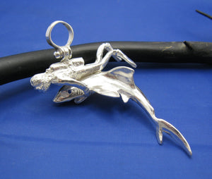 Huge Sterling Silver Men's Shark and Diver Pendant with Sapphire Eyes