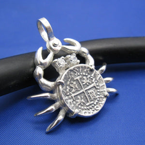 Sterling Silver Pirate Coin Replica Inside Custom Crab Bezel with Gemstone Eyes and Shackle Bail