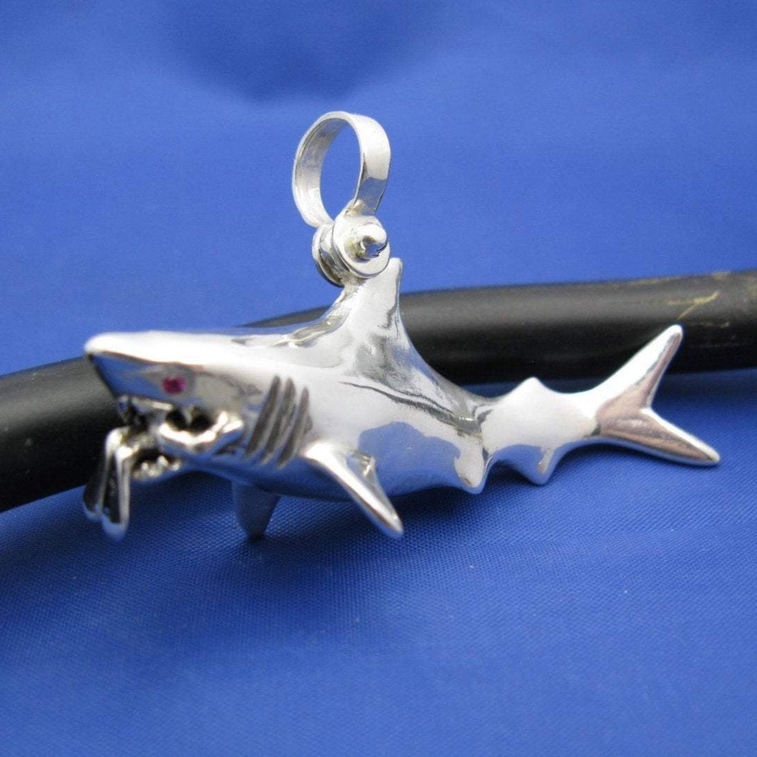 Extra Large Jaws Inspired Shark Attacking Diver Sterling Silver Necklace