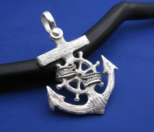 Sterling Silver Nautical Wood Ship Wheel Anchor with Word Banner Hold Fast Necklace