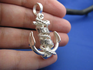 Large Sterling Silver Hold Fast Word Ribbon Banner & Rope Sailor Ship Anchor Necklace